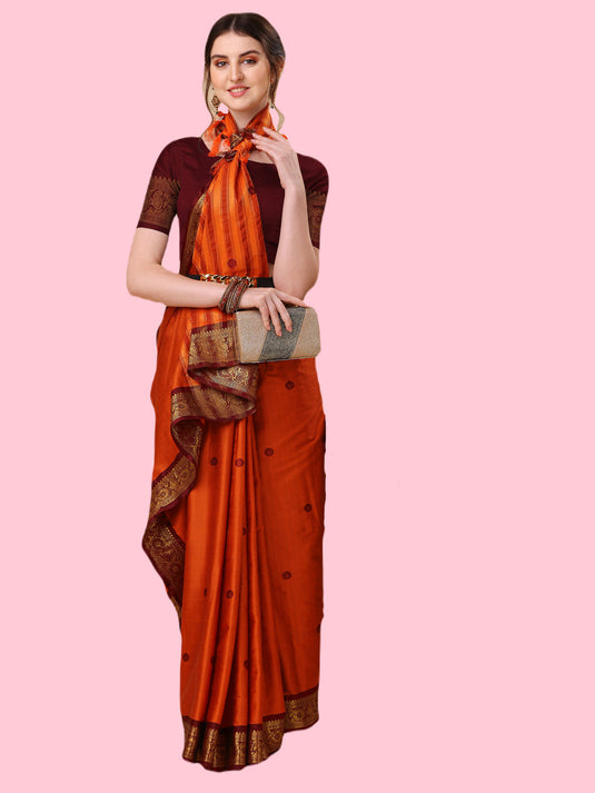 Villagius Jaccard Jaccard Embellished Zari Work Partywear Cotton Silk Orange Colour Au3_Orange Saree