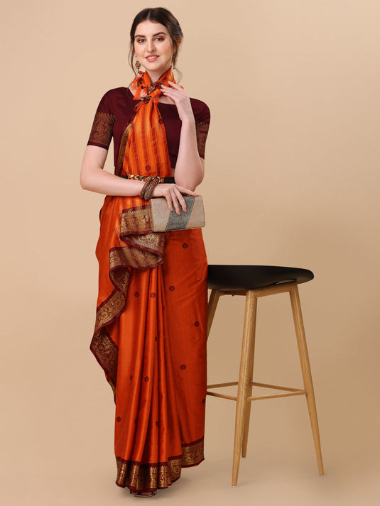 Villagius Jaccard Jaccard Embellished Zari Work Partywear Cotton Silk Orange Colour Aurabutti_Orange Saree