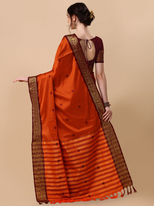 Villagius Jaccard Jaccard Embellished Zari Work Partywear Cotton Silk Orange Colour Aurabutti_Orange Saree