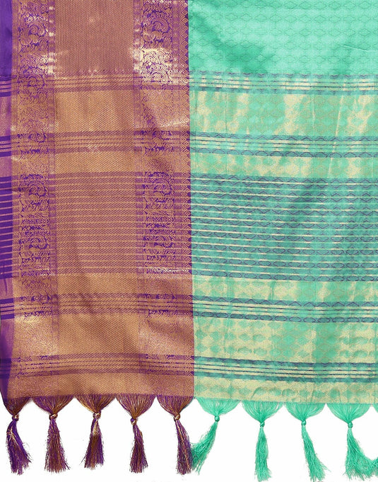 Villagius Jaccard Jaccard Embellished Zari Work Partywear Cotton Silk Sea Green Colour Chavi_Rexonapurple Saree