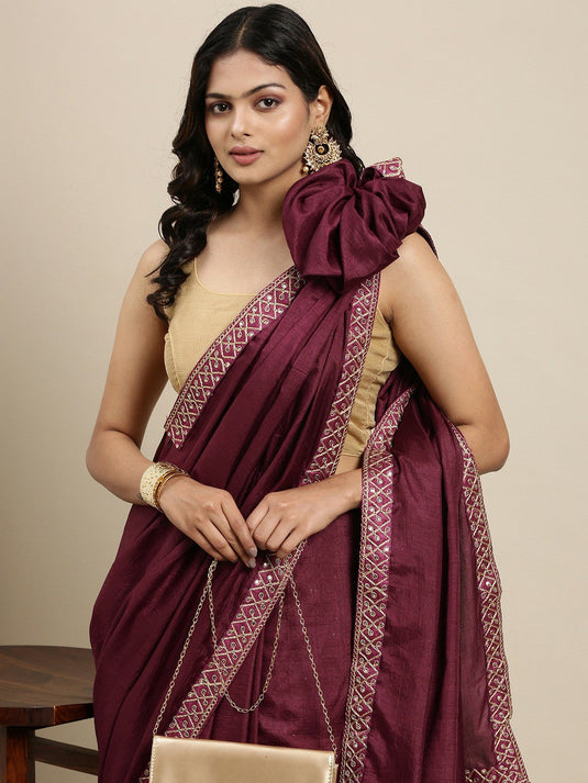 Villagius Embrodery  Sequence Partywear Silk Wine Color CODING_WINE Saree