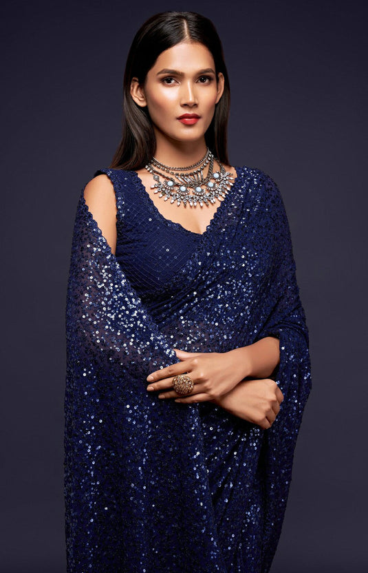 Villagius Sequence Embroidery Partywear Georgette Navy Blue Color EASTY_NAVY Saree