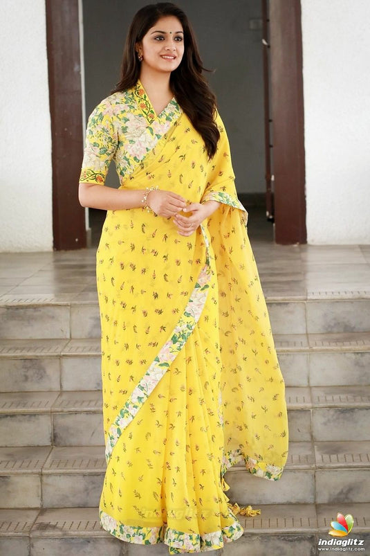 Villagius Printed Lace Border Partywear Georgette  Yellow Color FOTOR_YELLOW Saree