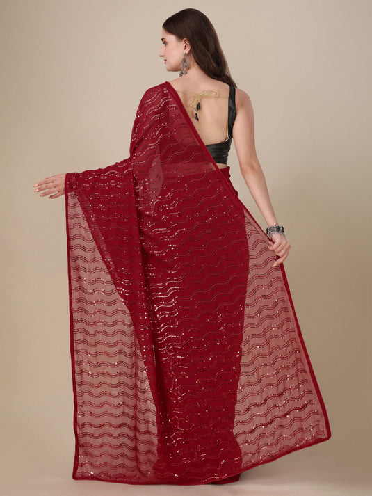 Villagius Sequence Sequece Embroidery Partywear Georgette Maroon Colour Goodday_Maroon Saree