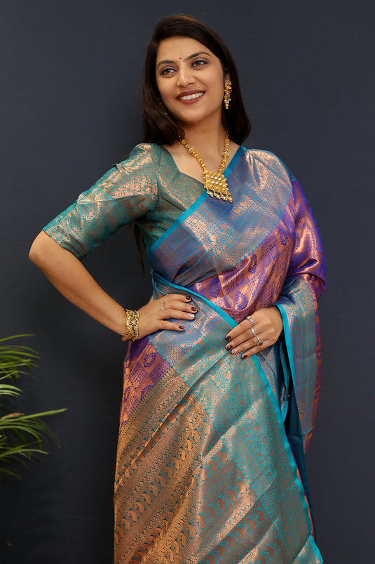 Villagius Partywear, Silk, Zari, New, Festive, Banarasi, Kanjivaram, Jaccard Zari Partywear Kanjivaram Silk Blue Color GPKERI_BLUE1 Saree