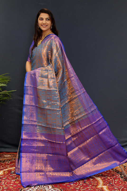 Villagius Partywear, Silk, Zari, New, Festive, Banarasi, Kanjivaram, Jaccard Zari Partywear Kanjivaram Silk Light Blue Color GPKERI_FIROZI1 Saree