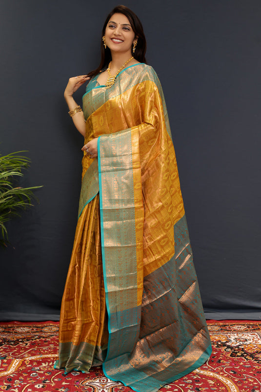 Villagius Partywear, Silk, Zari, New, Festive, Banarasi, Kanjivaram, Jaccard Zari Partywear Kanjivaram Silk Gold Color GPKERI_GOLD1 Saree