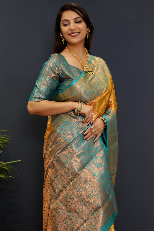Villagius Partywear, Silk, Zari, New, Festive, Banarasi, Kanjivaram, Jaccard Zari Partywear Kanjivaram Silk Gold Color GPKERI_GOLD1 Saree