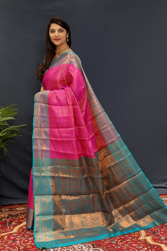 Villagius Partywear, Silk, Zari, New, Festive, Banarasi, Kanjivaram, Jaccard Zari Partywear Kanjivaram Silk Pink Color GPLINE_PINK1 Saree