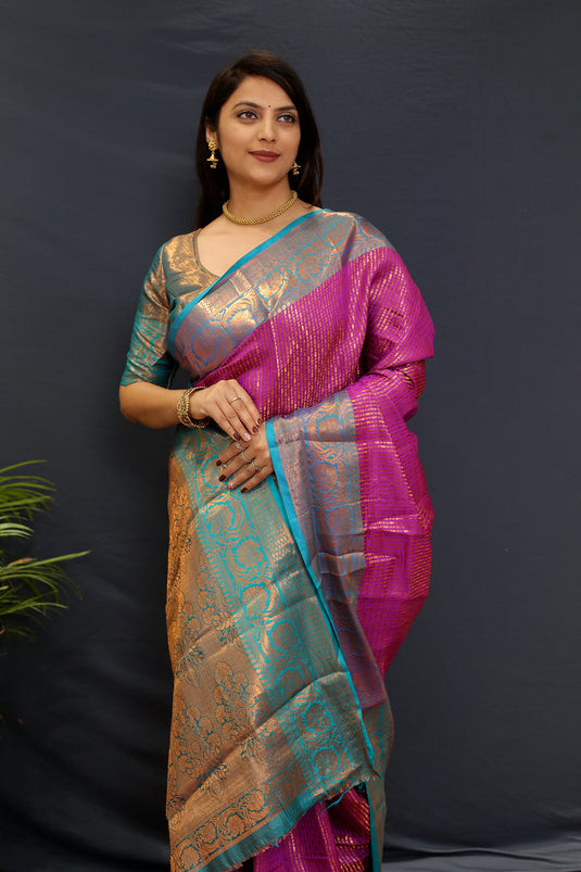 Villagius Partywear, Silk, Zari, New, Festive, Banarasi, Kanjivaram, Jaccard Zari Partywear Kanjivaram Silk Purple Color GPLINE_PURPLE1 Saree
