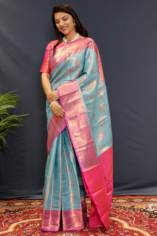 Villagius Partywear, Silk, Zari, New, Festive, Banarasi, Kanjivaram, Jaccard Zari Partywear Kanjivaram Silk Light Blue Color GPPAN_FIROZI1 Saree