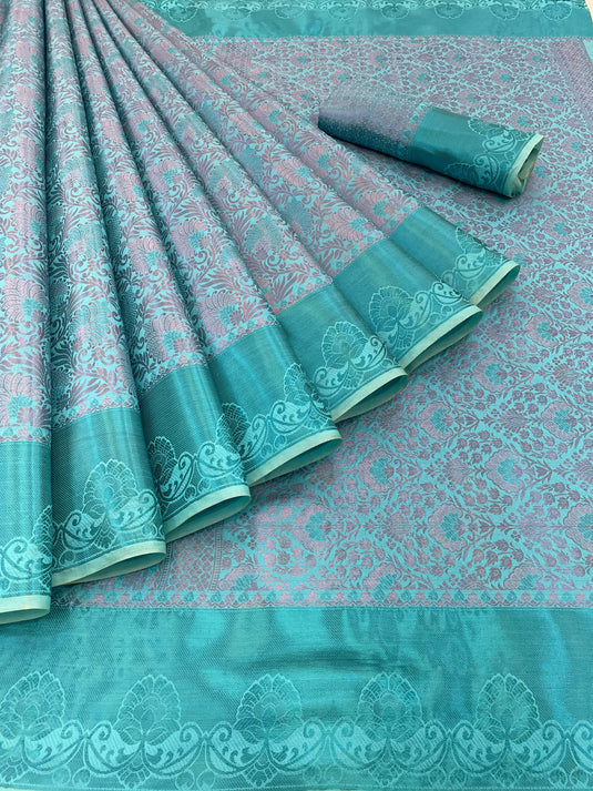 Villagius Partywear, Silk, Zari, New, Festive, Banarasi, Kanjivaram, Jaccard Zari Partywear Kanjivaram Silk Light Blue Color GPZAAL_FIROZI Saree