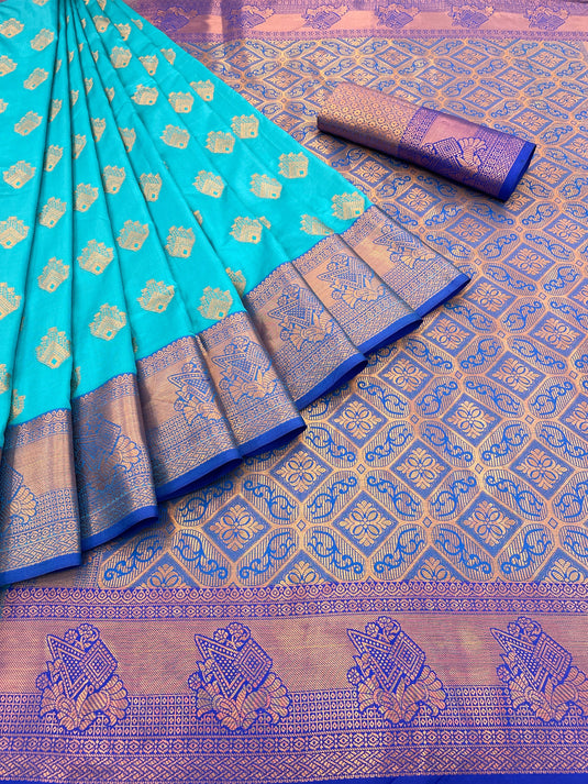 Villagius Partywear, Silk, Zari, New, Festive, Banarasi, Kanjivaram, Jaccard Zari Partywear Kanjivaram Silk Light Blue Color GPZUMKA_FIROZI Saree