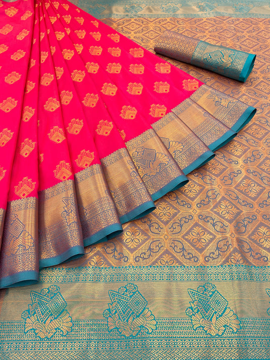 Villagius Partywear, Silk, Zari, New, Festive, Banarasi, Kanjivaram, Jaccard Zari Partywear Kanjivaram Silk Red Color GPZUMKA_RED Saree