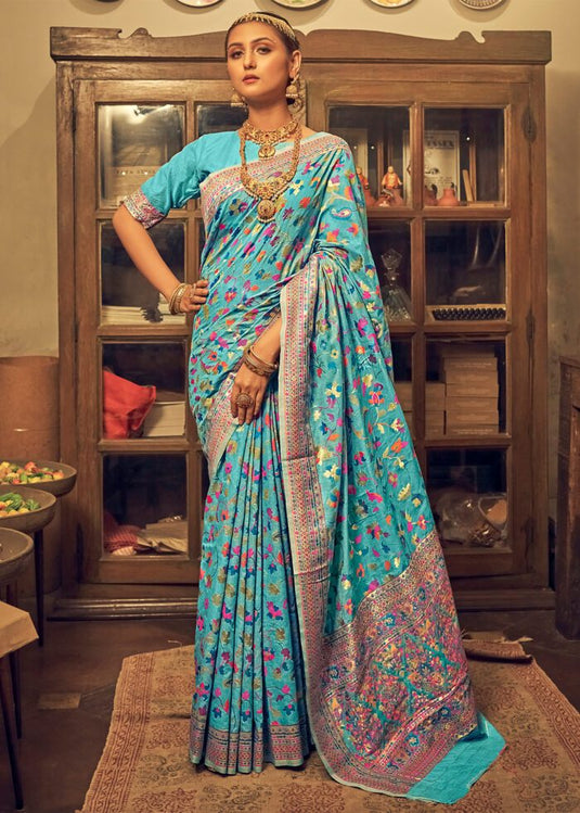 Villagius Tantalizing Teal Banarasi Silk Sari