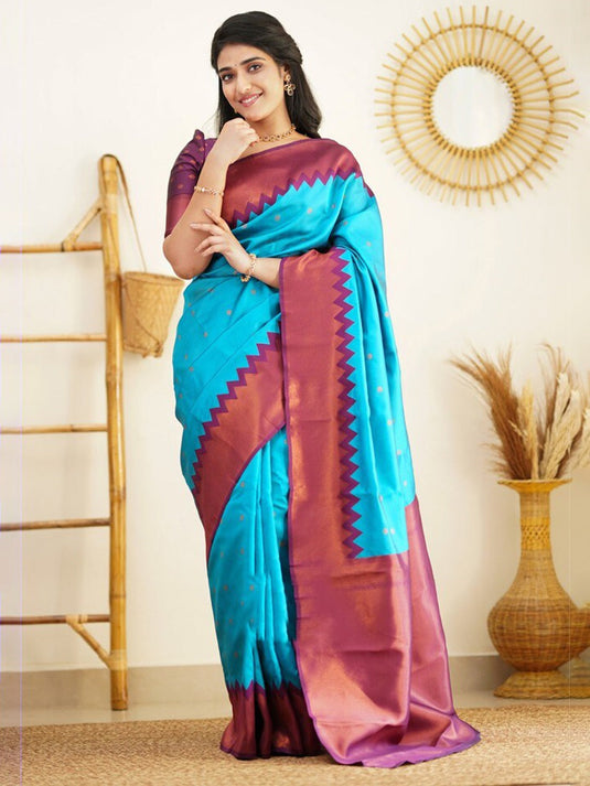 Villagius Banarasi Jaccard Embellished Zari Work Wedding Silk Turquoise Colour Ival_Firozi Saree