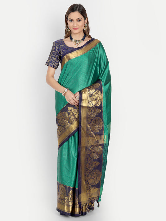 Villagius Jaccard Jaccard Embellished Zari Work Partywear Cotton Silk Sea Green Colour Kajal_Rexona Saree