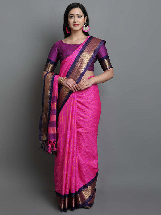Villagius Jaccard Jaccard Embellished Zari Work Partywear Cotton Silk Pink Colour Karina_Pink Saree