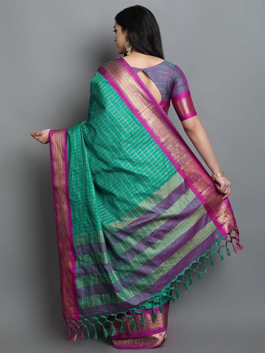 Villagius Jaccard Jaccard Embellished Zari Work Partywear Cotton Silk Rama Colour Karina_Rama Saree