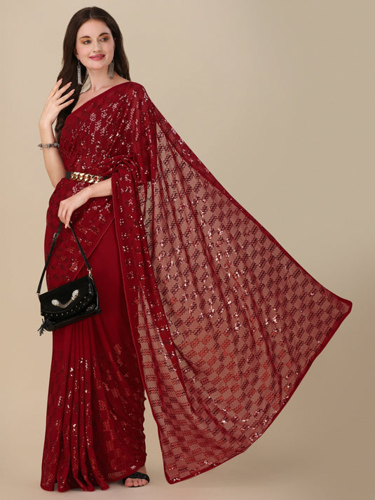 Villagius Sequence Embroidery Partywear Georgette Maroon Color KITKAT_MAROON Saree