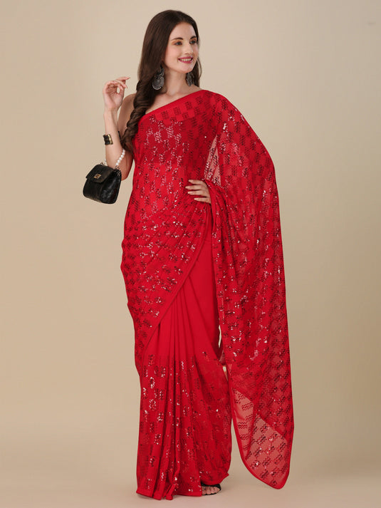 Villagius Sequence Embroidery Partywear Georgette Red Color KITKAT_RED Saree