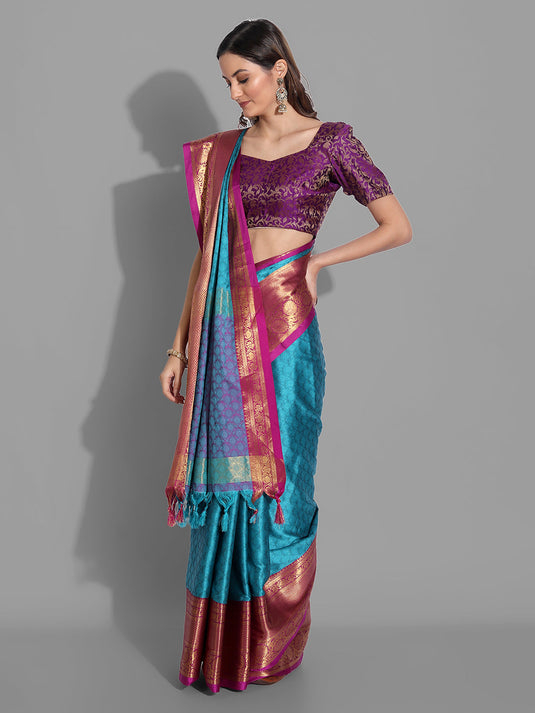 Villagius Jaccard Jaccard Embellished Zari Work Partywear Cotton Silk Turquoise Colour Malisha_Firozi Saree