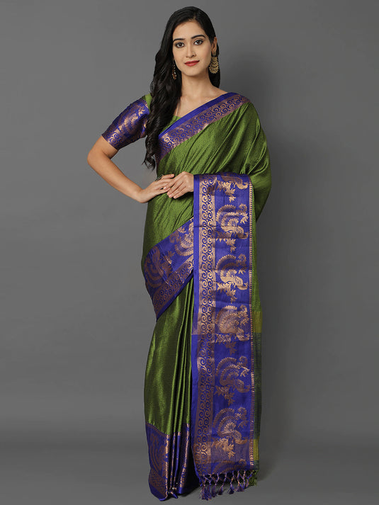 Villagius Jaccard Jaccard Embellished Zari Work Partywear Cotton Silk Mahendi Colour Minamore_Mahendi Saree