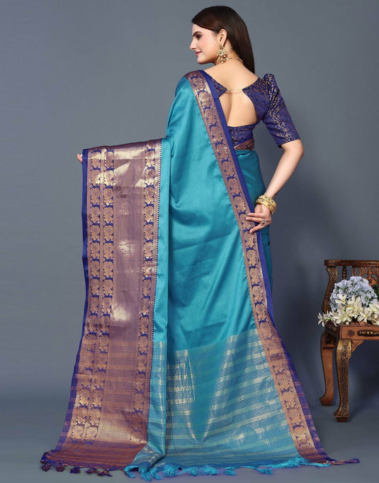 Villagius Jaccard Jaccard Embellished Zari Work Partywear Cotton Silk Turquoise Colour Narpattu_Firoziblue Saree