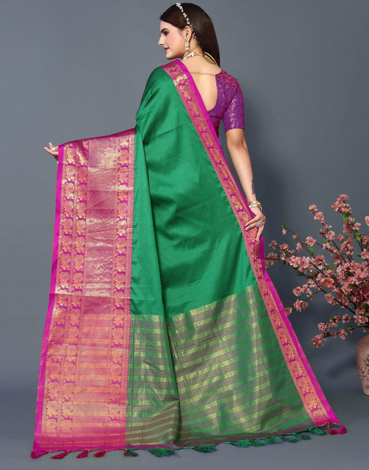 Villagius Jaccard Jaccard Embellished Zari Work Partywear Cotton Silk Green Colour Narpattu_Greenpurple Saree
