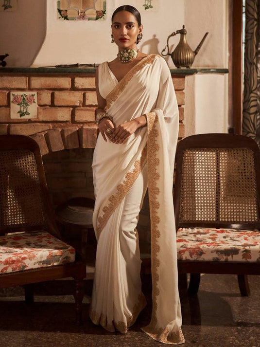 Elegant Festive Bliss Pure Satin Silk Embroidery Work Saree with Timeless Appeal
