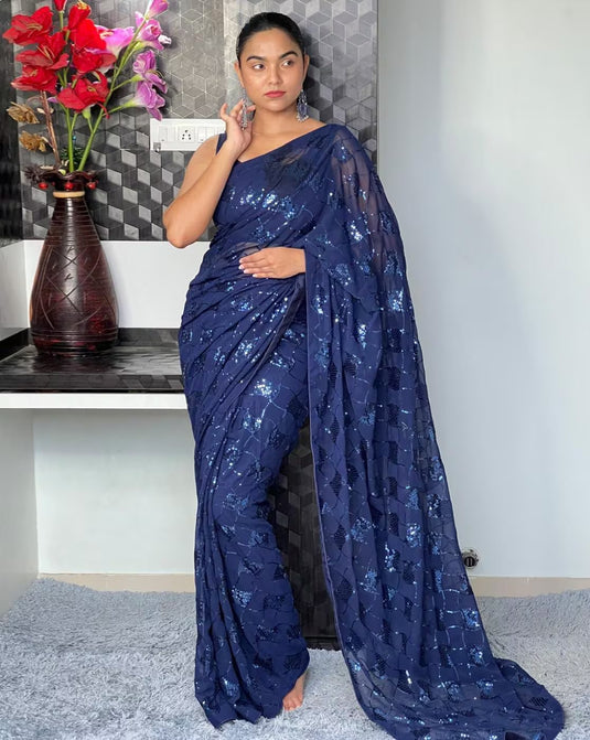 Intricate Allure Pure Georgette Sequin Embroidered Saree for Graceful Occasions