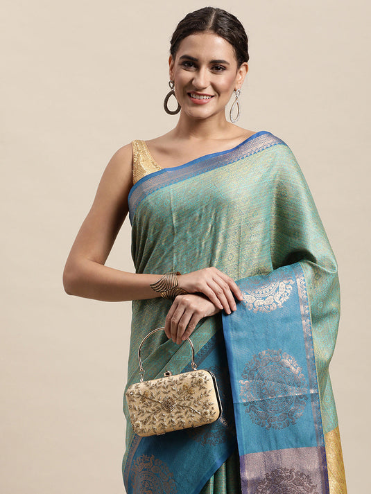 Villagius Jaccard Jaccard Embellished Zari Work Partywear Cotton Silk Turquoise Colour Shivanta_Firozi Saree