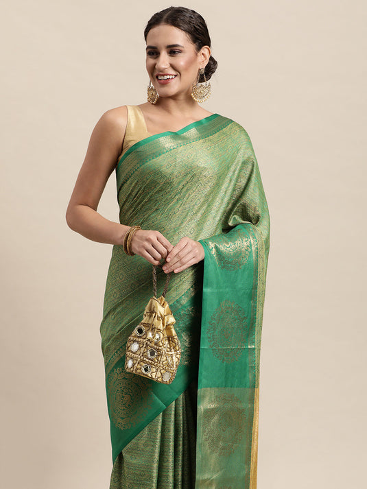 Villagius Jaccard Jaccard Embellished Zari Work Partywear Cotton Silk Green Colour Shivanta_Green Saree