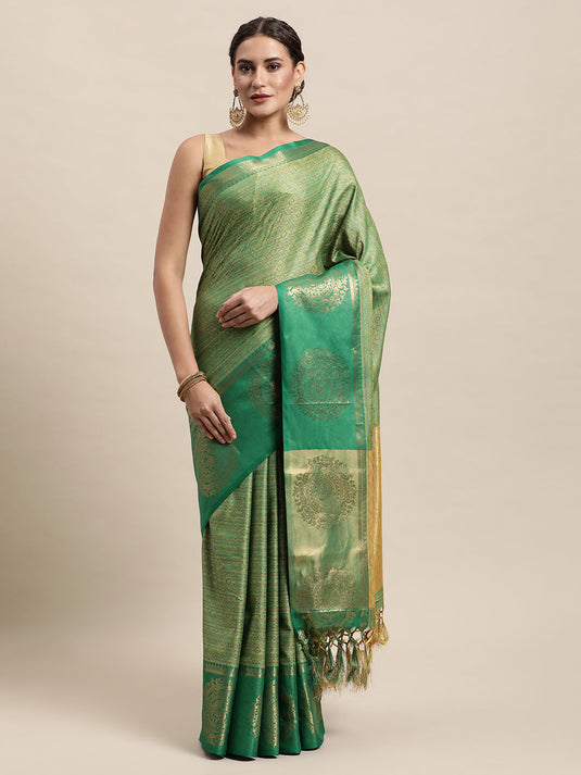 Villagius Jaccard Jaccard Embellished Zari Work Partywear Cotton Silk Green Colour Shivanta_Green Saree