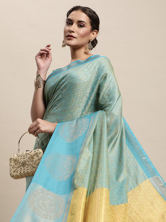 Villagius Jaccard Jaccard Embellished Zari Work Partywear Cotton Silk Turquoise Colour Shivanta_Sky Saree