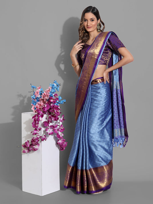 Villagius Jaccard Jaccard Embellished Zari Work Partywear Cotton Silk Turquoise Colour Shriya_Blue Saree