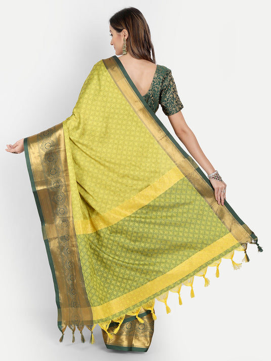 Villagius Jaccard Jaccard Embellished Zari Work Partywear Cotton Silk Lime Colour Shriya_Lime Saree
