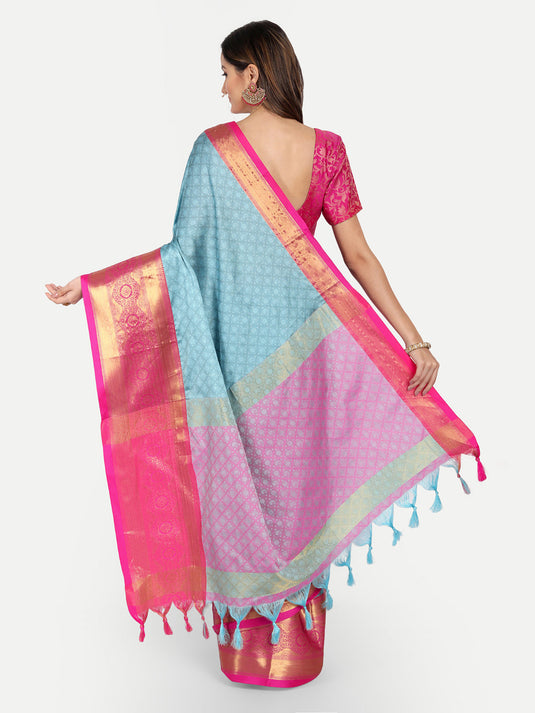 Villagius Jaccard Jaccard Embellished Zari Work Partywear Cotton Silk Turquoise Colour Shriya_Sky Saree